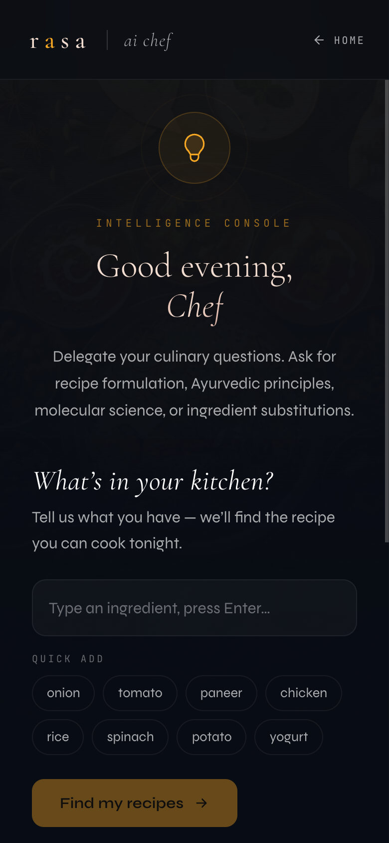 The AI Chef console — tell it what's in your kitchen