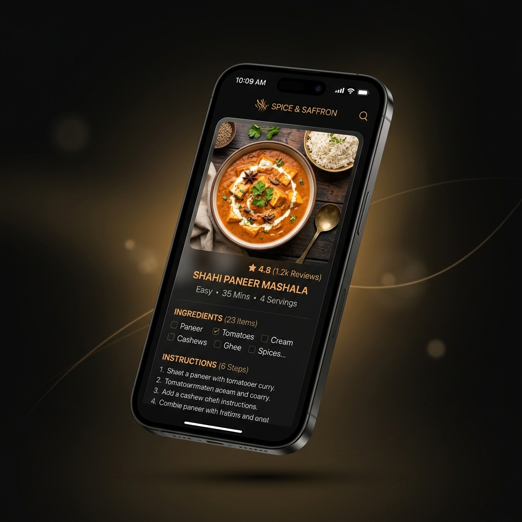 iPhone displaying the Rasa app with a dark interface showing an Indian recipe with saffron gold accents