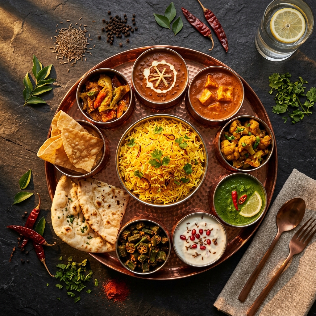 Cinematic overhead view of a premium Indian thali with saffron rice, dal makhani, chutney, and fresh spices