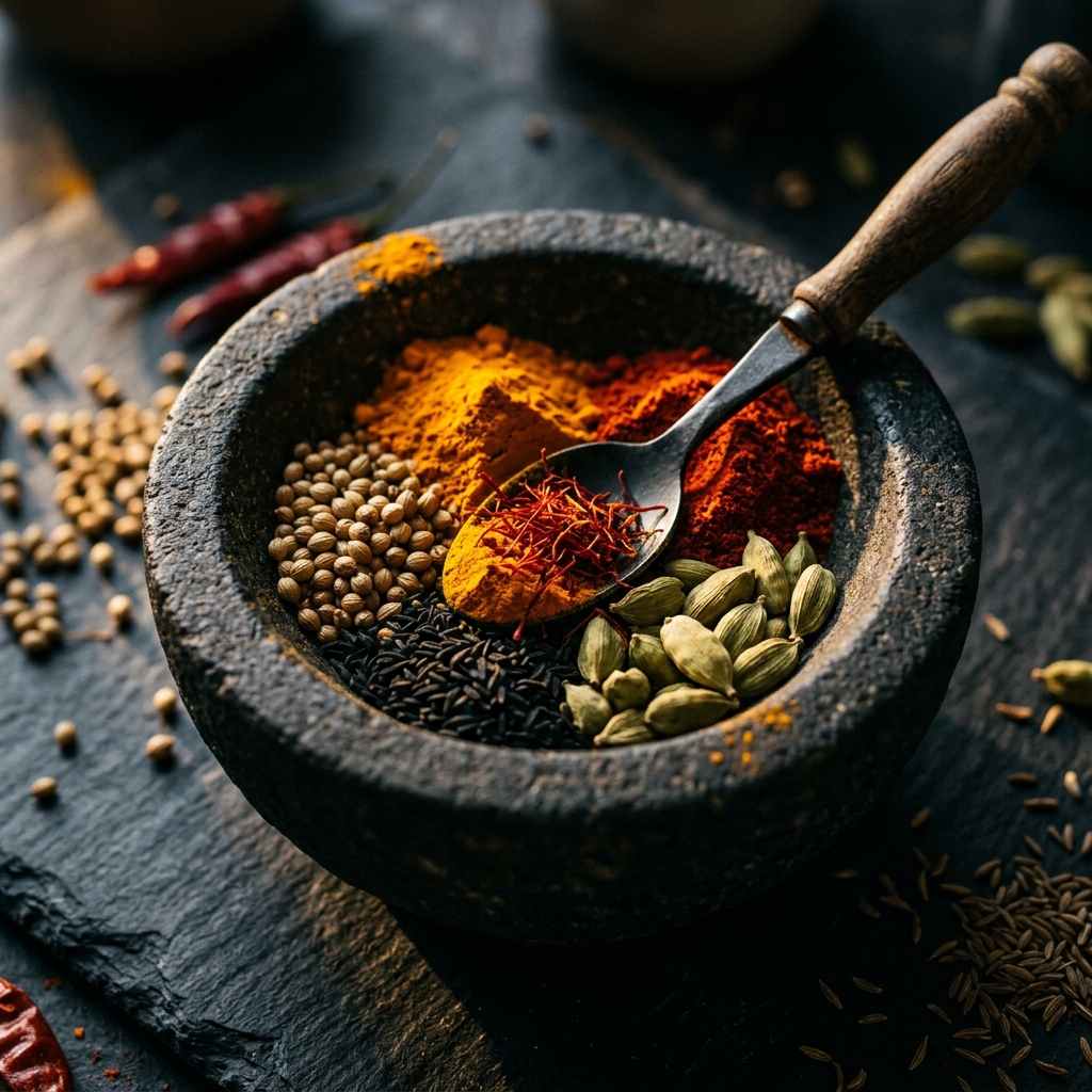 Dramatic close-up of turmeric, saffron, coriander, and cardamom in a dark stone mortar