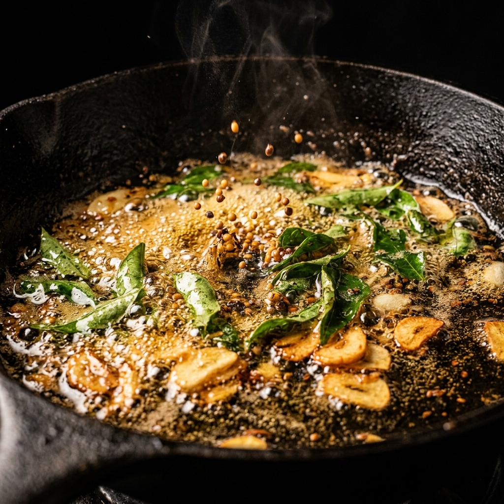Hot ghee shimmering in a cast iron pan with curry leaves sizzling and mustard seeds popping
